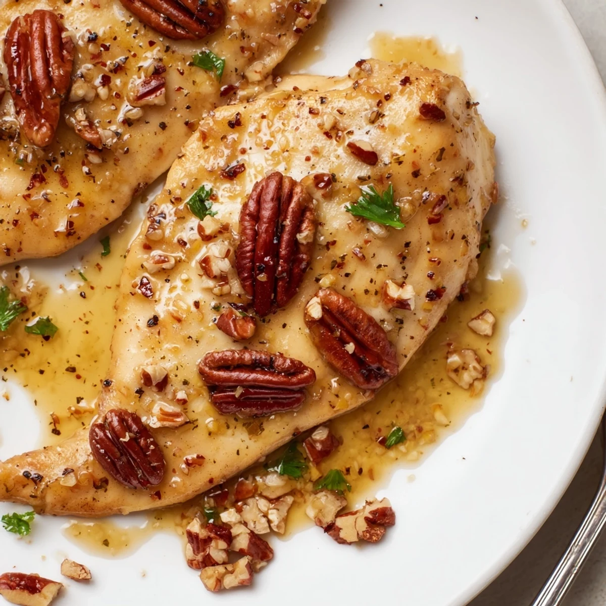 Skillet roasted Honey Garlic Pecan Chicken sizzling in sweet soy garlic glaze, parsley garnish