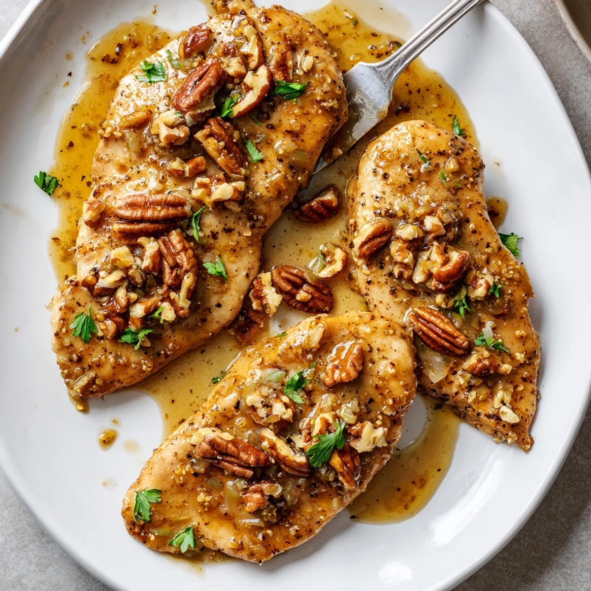Juicy Honey Garlic Pecan Chicken drizzled with honey mustard sauce, crunchy pecans, steamed greens