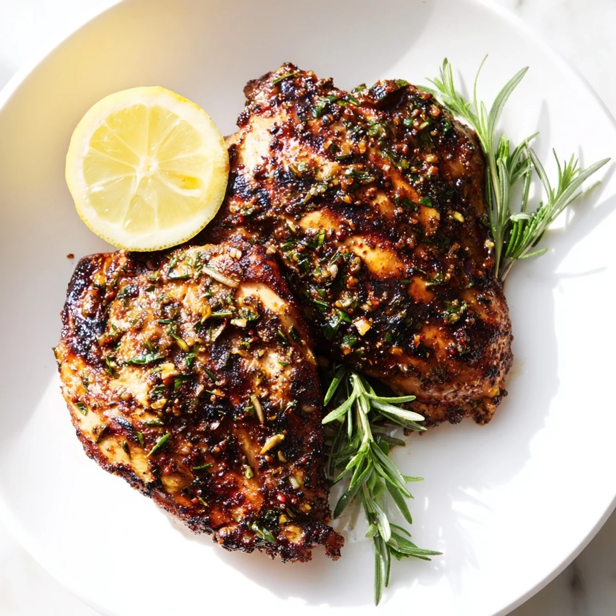 Savory herb rubbed grilled chicken with char marks and fresh lemon wedges on a white serving platter