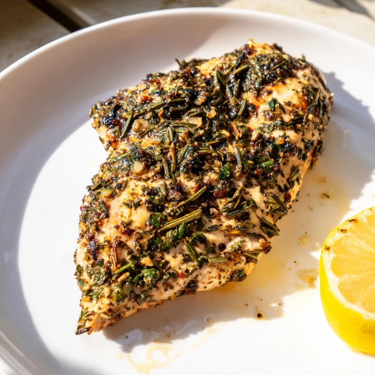 Golden brown grilled chicken breasts coated in green herb rub resting beside bright lemon garnish