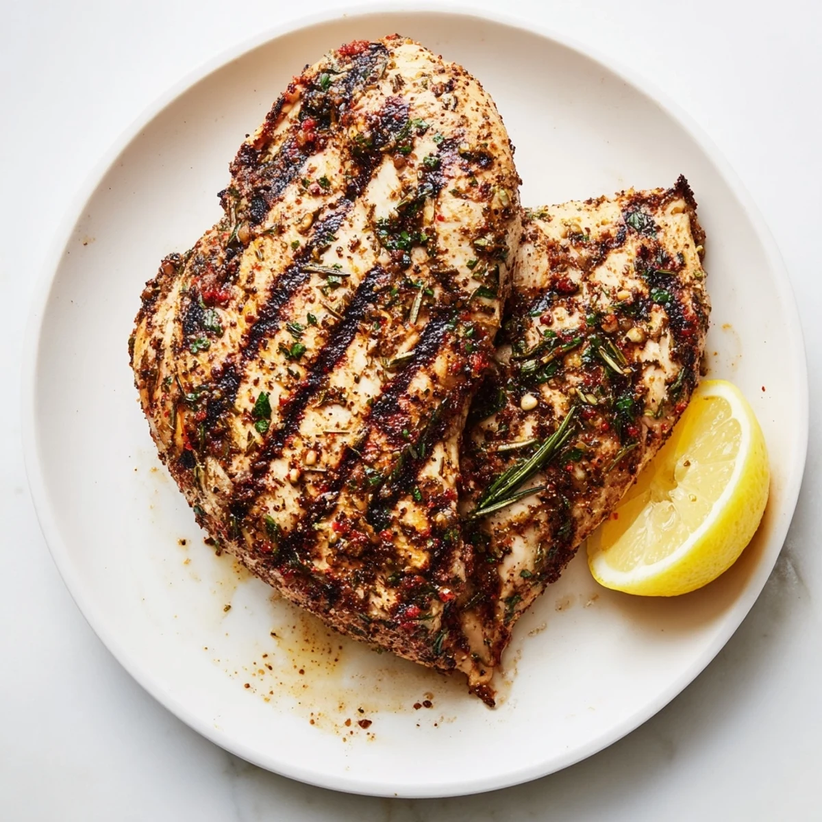 Juicy herb rubbed grilled chicken delight showing rosemary speckled crust on a rustic wooden board