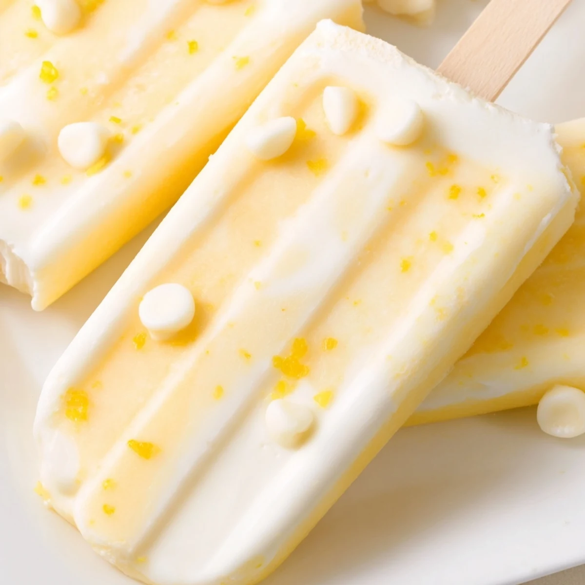 Zesty frozen lemon yogurt popsicles displayed on white plate with fresh mint garnish
