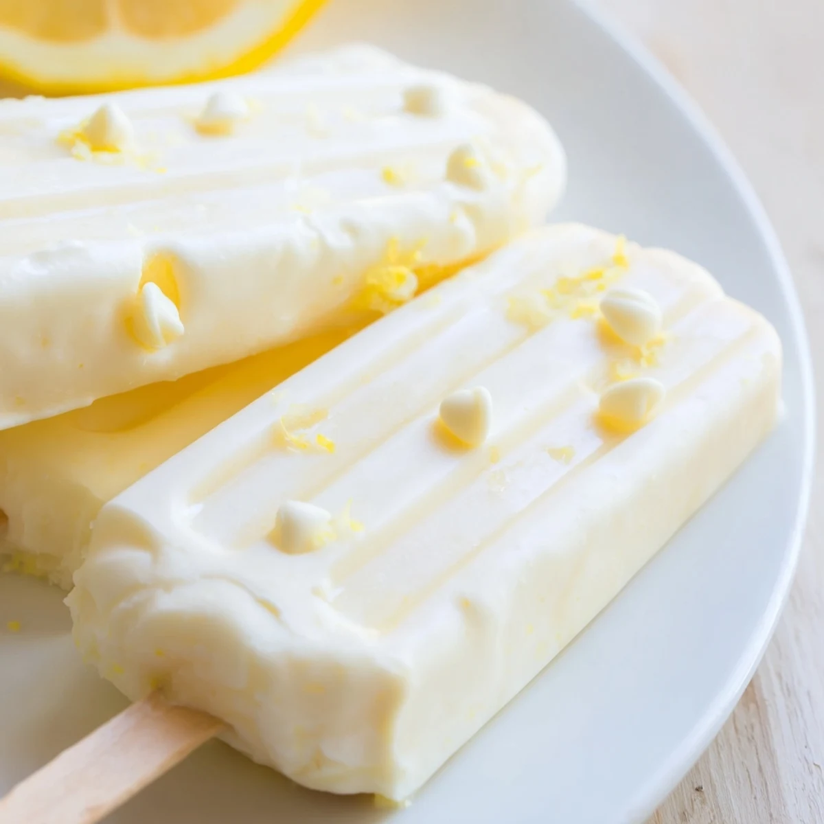 Creamy frozen lemon yogurt popsicles on wooden sticks with bright yellow swirls