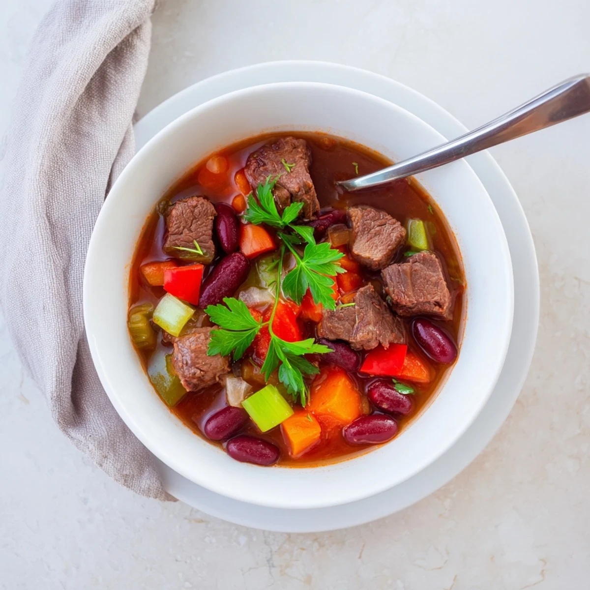 Hearty beef and bean soup delight simmering in a rustic pot with chunks of meat and kidney beans