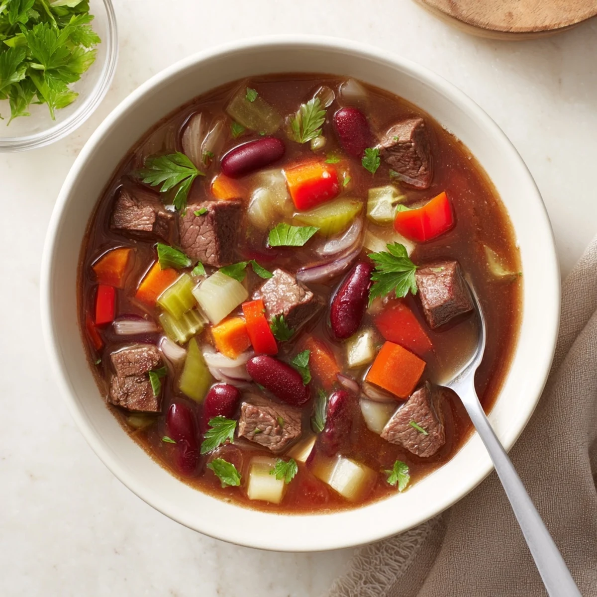 Steaming bowl of savory beef and bean soup delight loaded with tender vegetables and aromatic herbs
