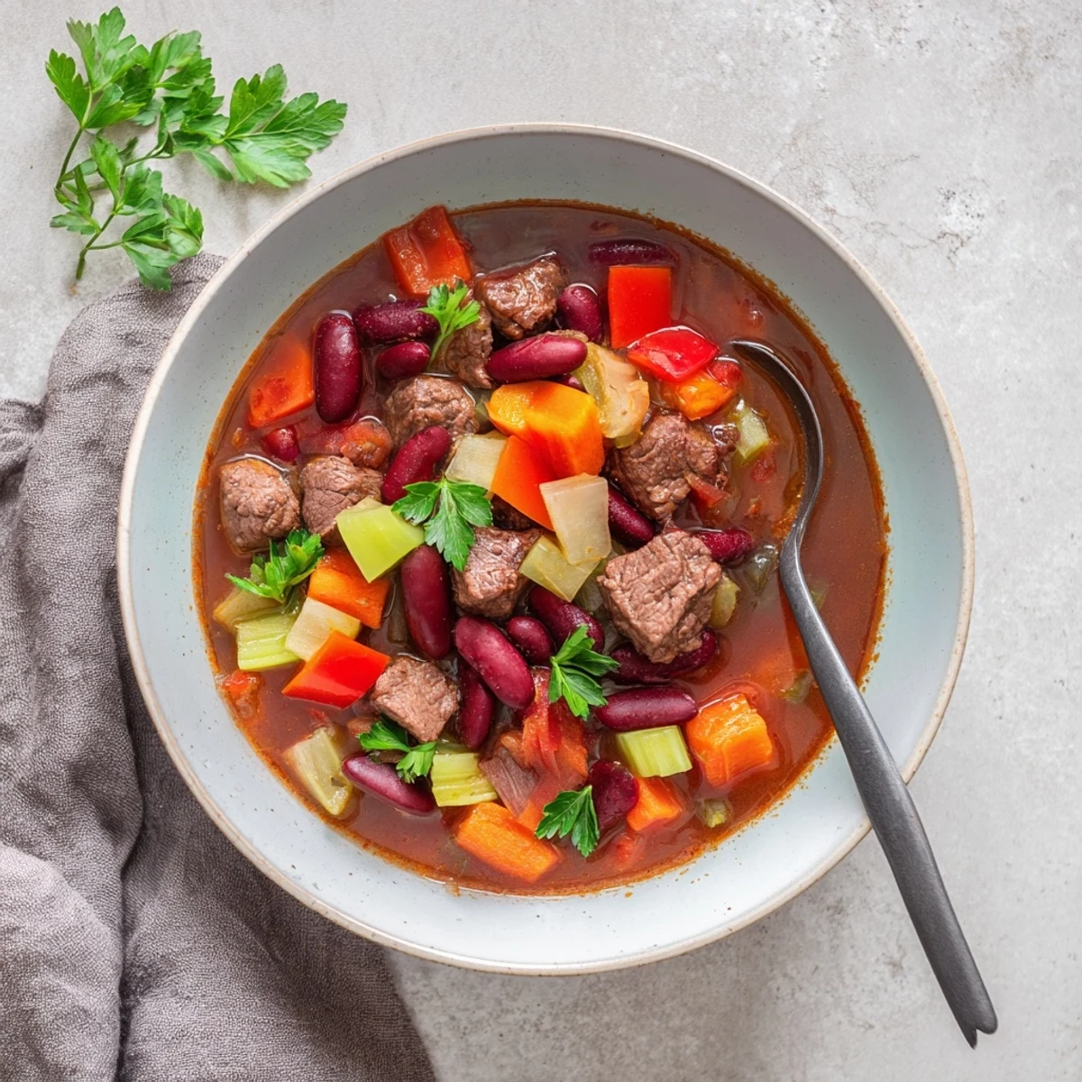 Comforting savory beef and bean soup delight garnished with fresh parsley beside crusty bread on a wooden table