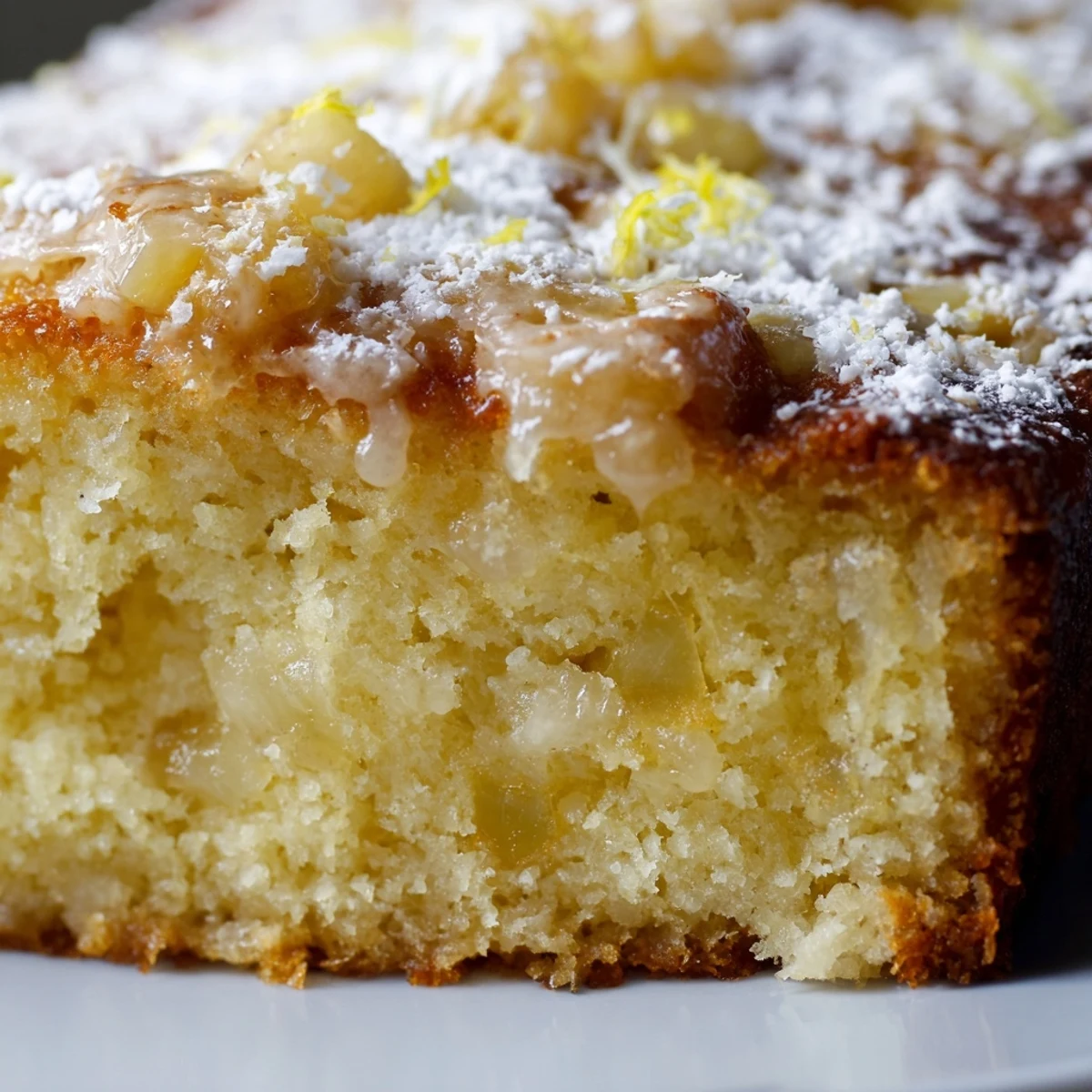 Golden rhubarb lemon drizzle cake with tart red fruit pieces and glistening citrus glaze