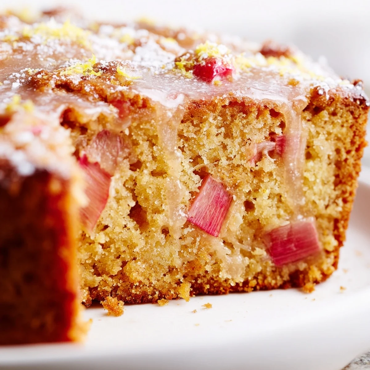Moist zesty rhubarb lemon drizzle cake topped with sweet icing sugar and fresh lemon zest