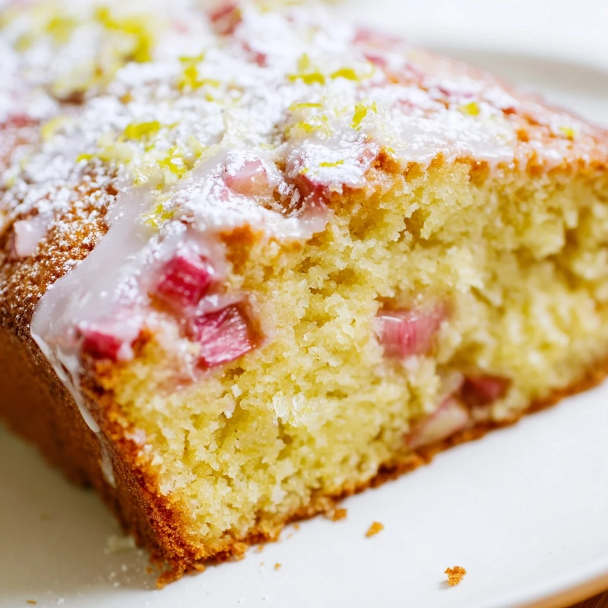 Slice of British rhubarb lemon drizzle cake showing tender crumb with pinkish rhubarb throughout