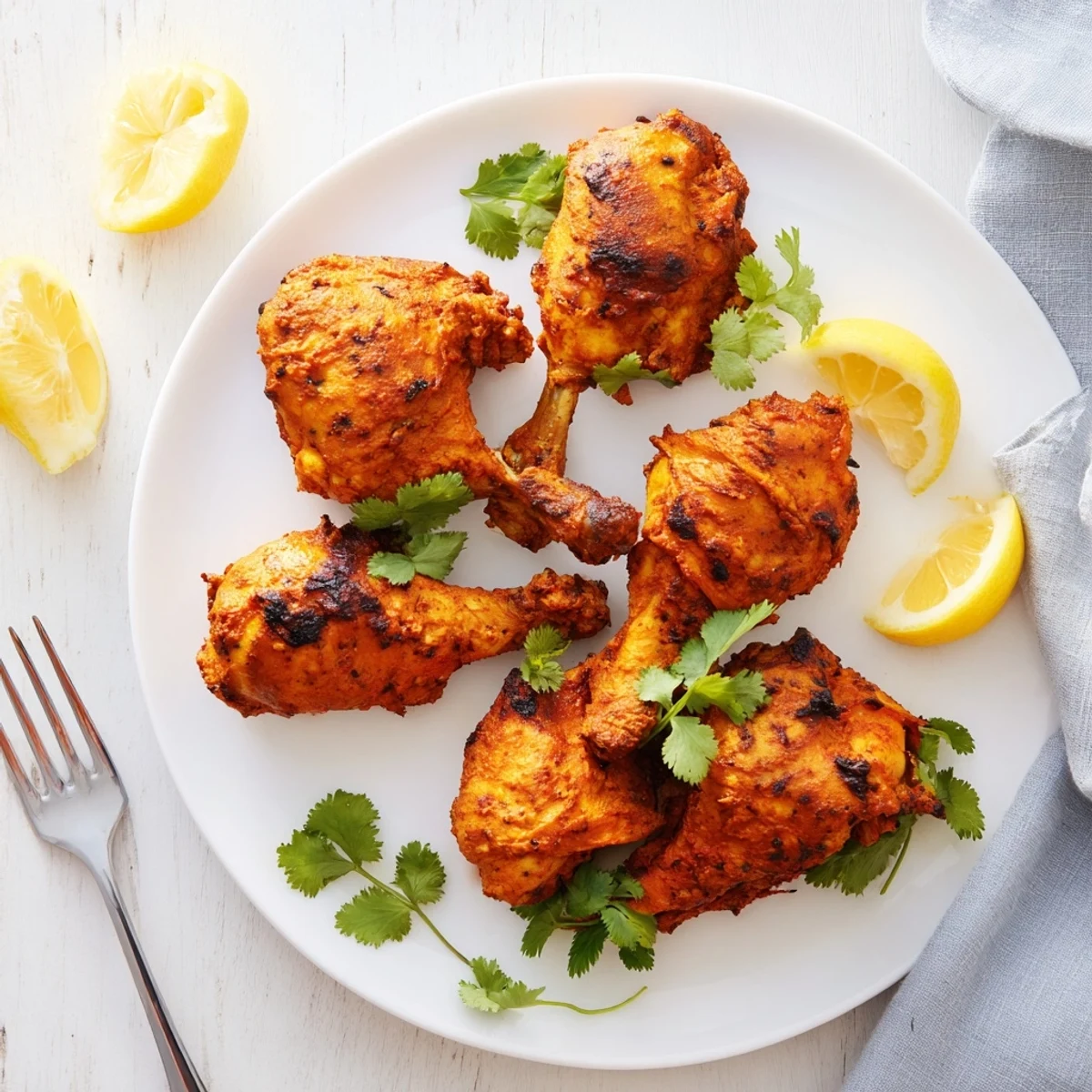 Golden Tandoori Chicken Yogurt Spice dish with charred edges and fresh cilantro garnish