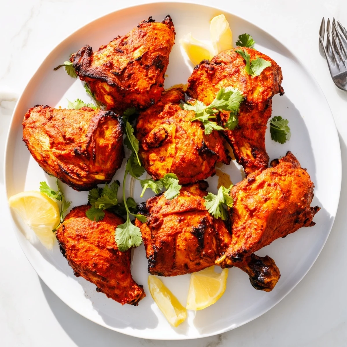 Succulent spiced yogurt marinated chicken roasted to smoky perfection with lemon wedges