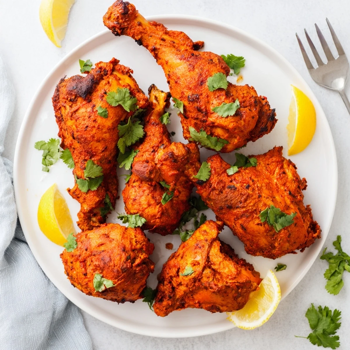 Tender Indian Tandoori Chicken pieces coated in aromatic spices served on white plate