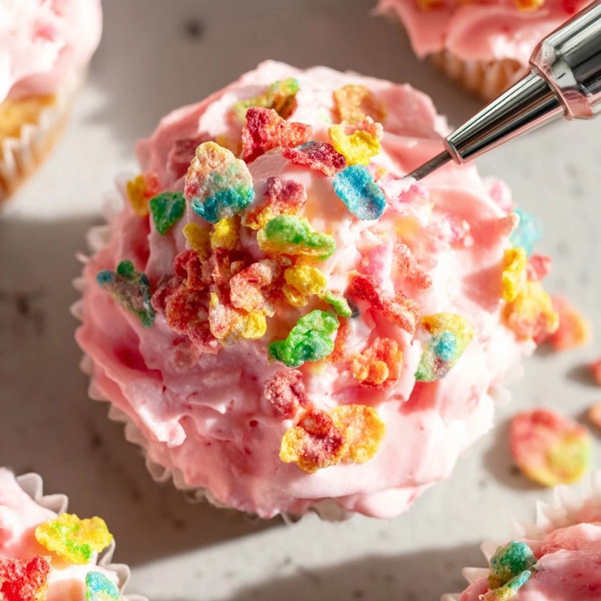 Colorful Fruity Pebbles cereal frosting piped onto vanilla cupcakes with vibrant rainbow sprinkles