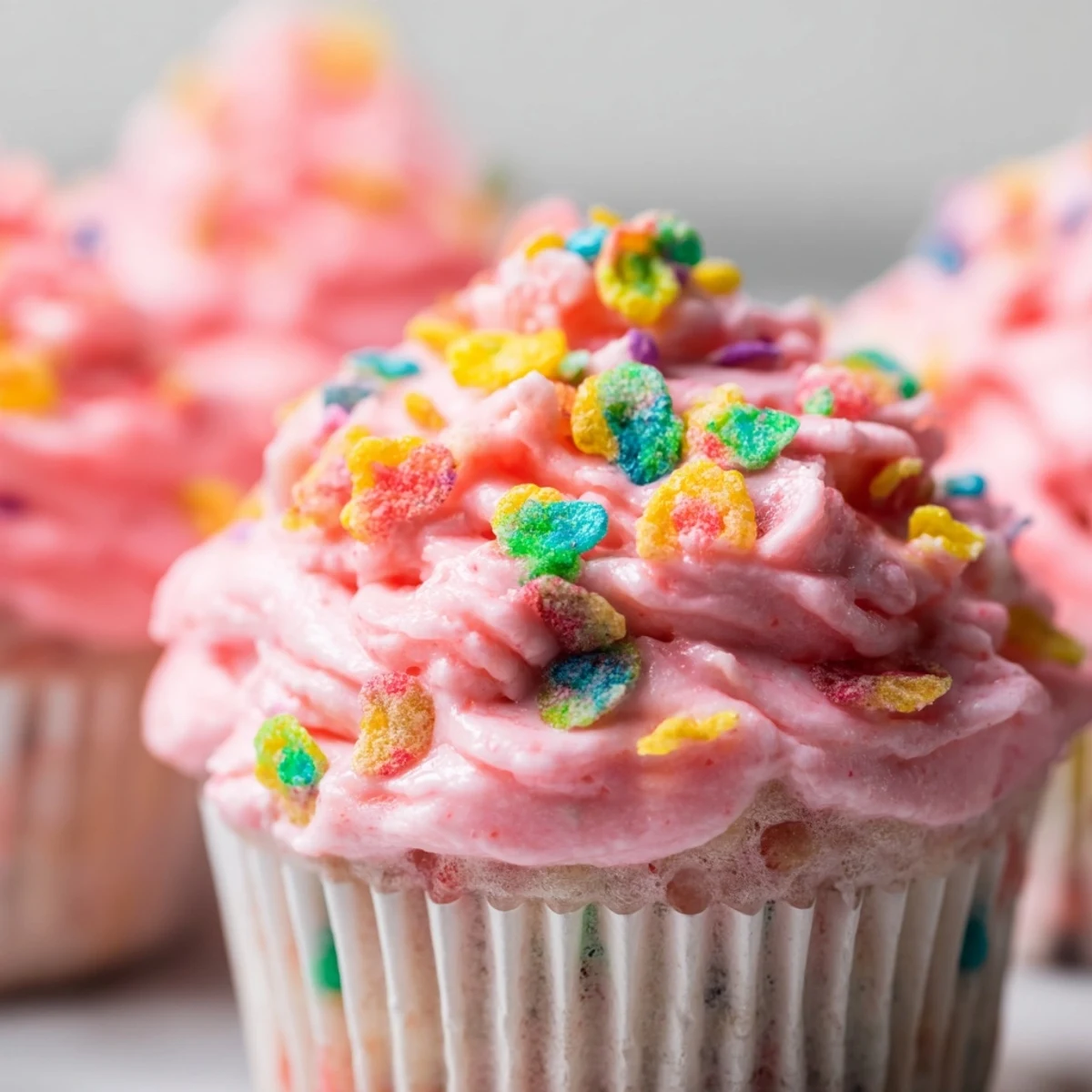 Creamy homemade Fruity Pebbles frosting swirled on a chocolate cupcake topped with crunchy cereal