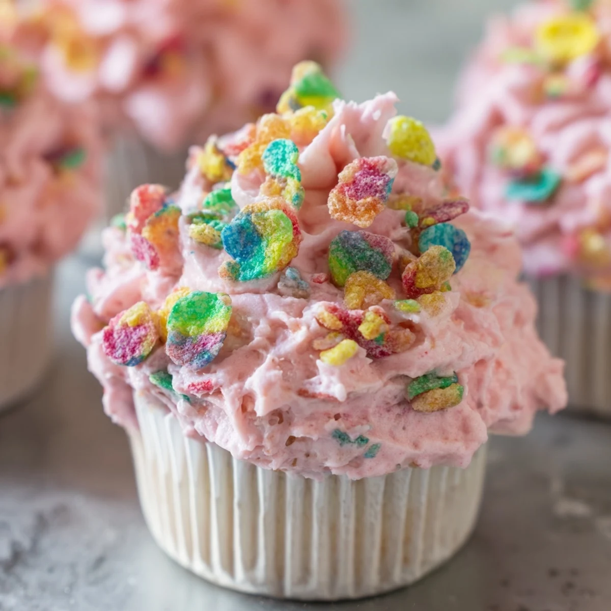 Fluffy buttercream frosting loaded with colorful Fruity Pebbles cereal spread generously onto a cake