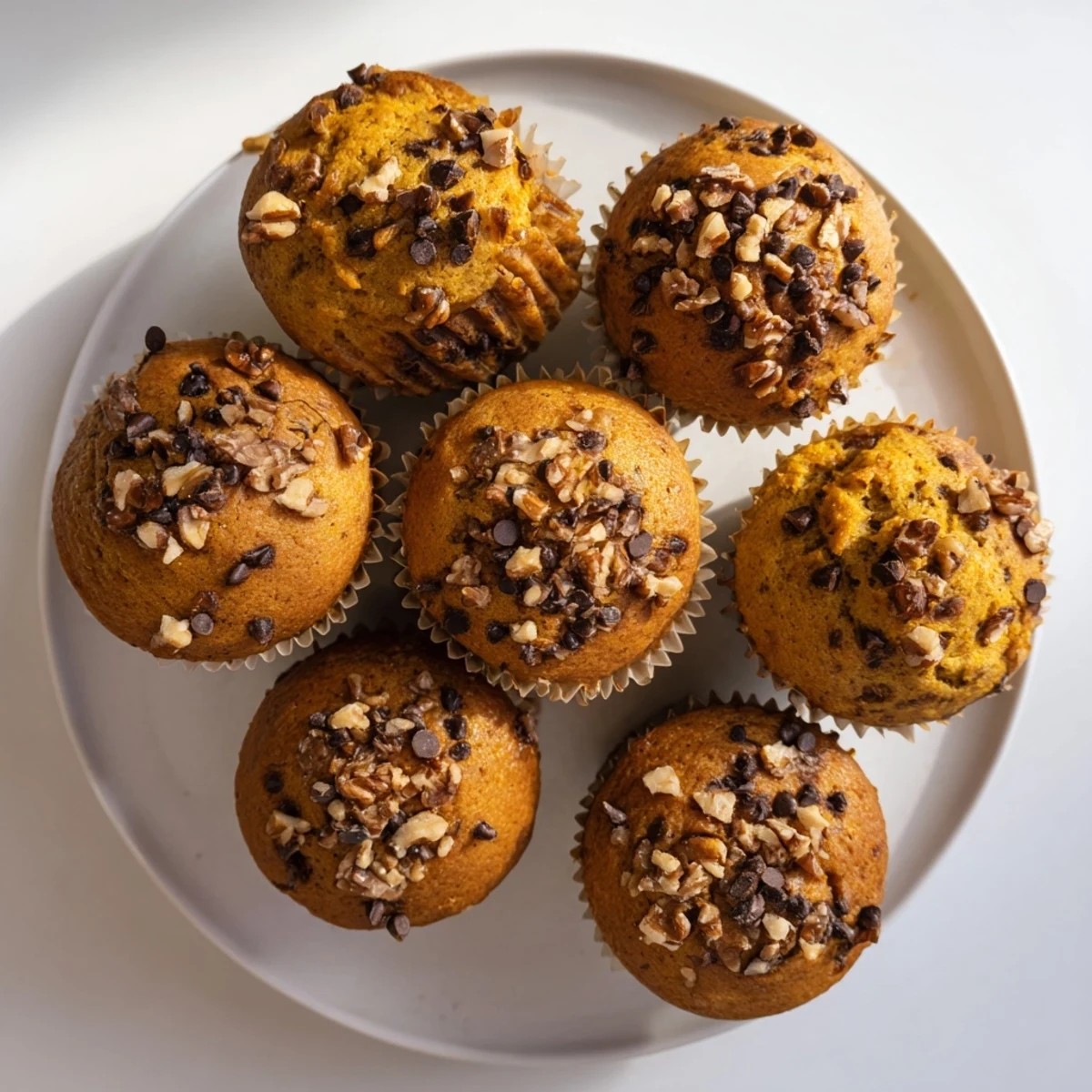 Golden butternut squash banana muffins topped with walnuts on a wire cooling rack