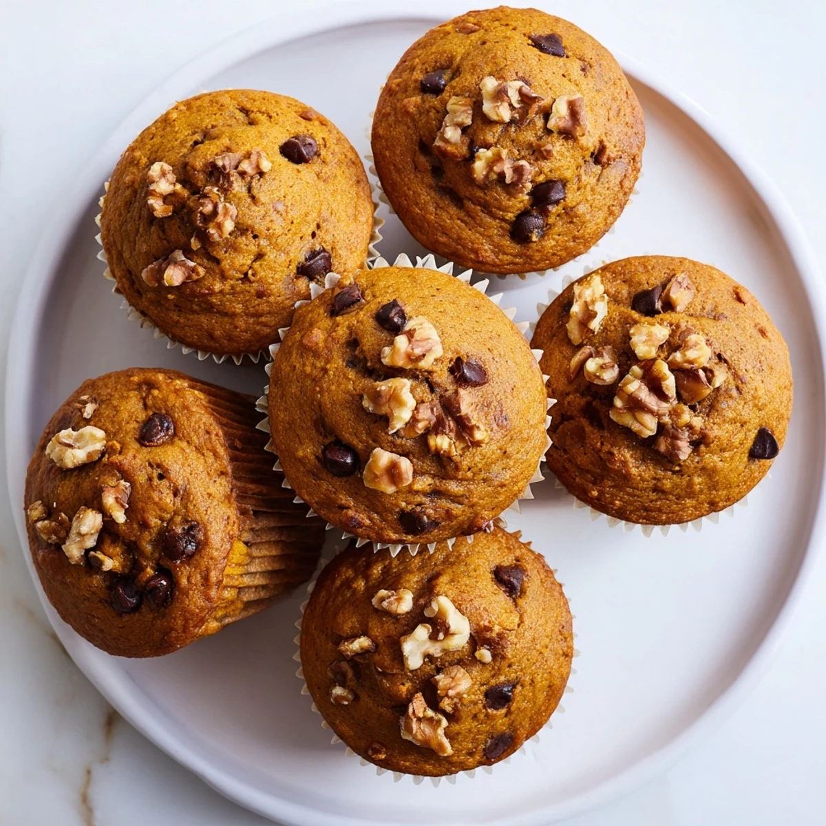 Freshly baked butternut squash banana muffins with chocolate chips steaming on wooden board