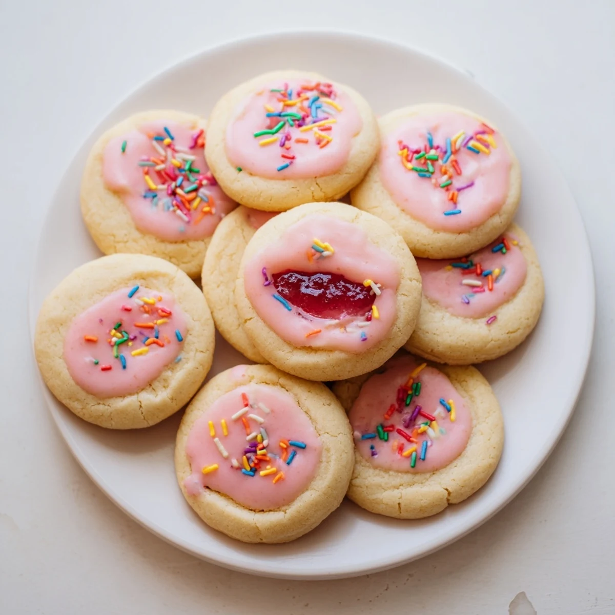 Golden Strawberry Pop Tart Cookies drizzled with pink glaze and colorful sprinkles on a white plate