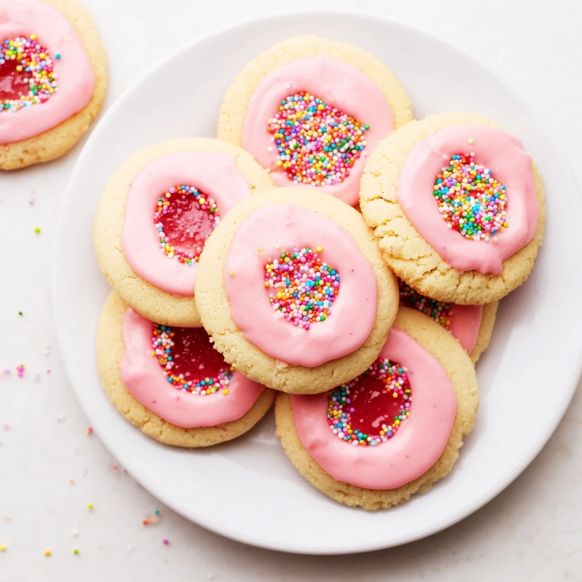 Stack of homemade Strawberry Pop Tart Cookies topped with bright sprinkles and pink icing