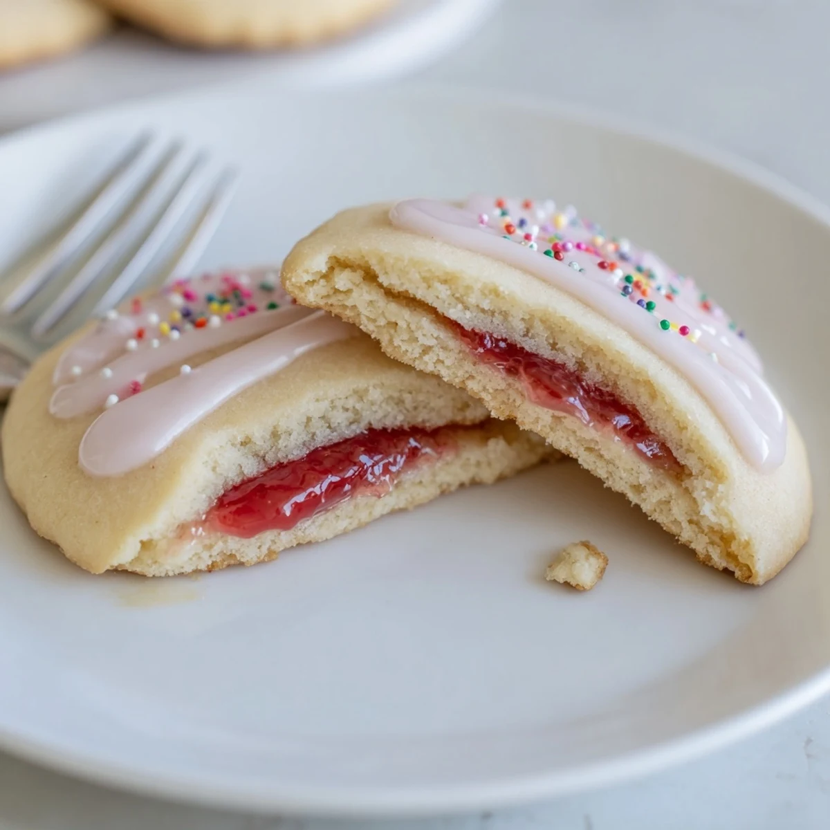Fresh baked Strawberry Pop Tart Cookies with jam oozing, sprinkled with rainbow confetti  