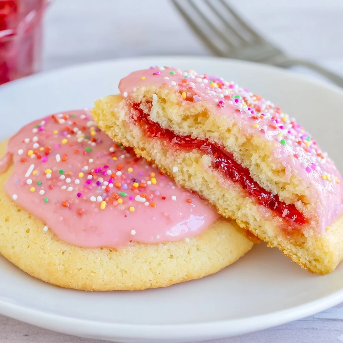 Plate of Strawberry Pop Tart Cookies next to coffee mug, buttery edges visible