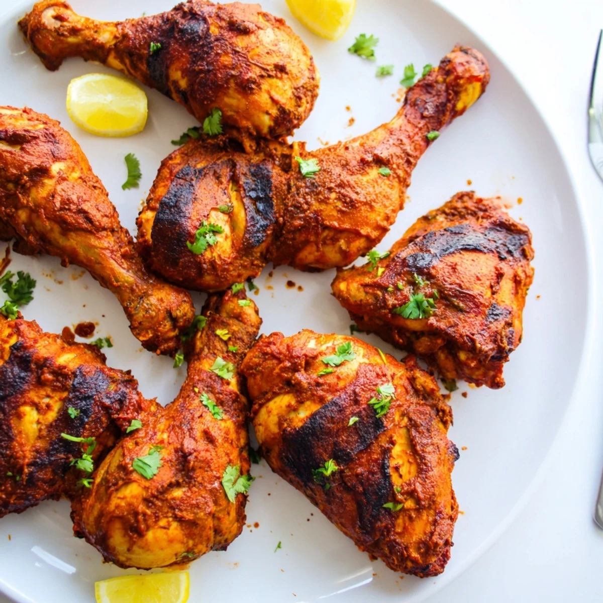 Smoky, charred Tandoori Chicken resting on platter with cilantro and lemon