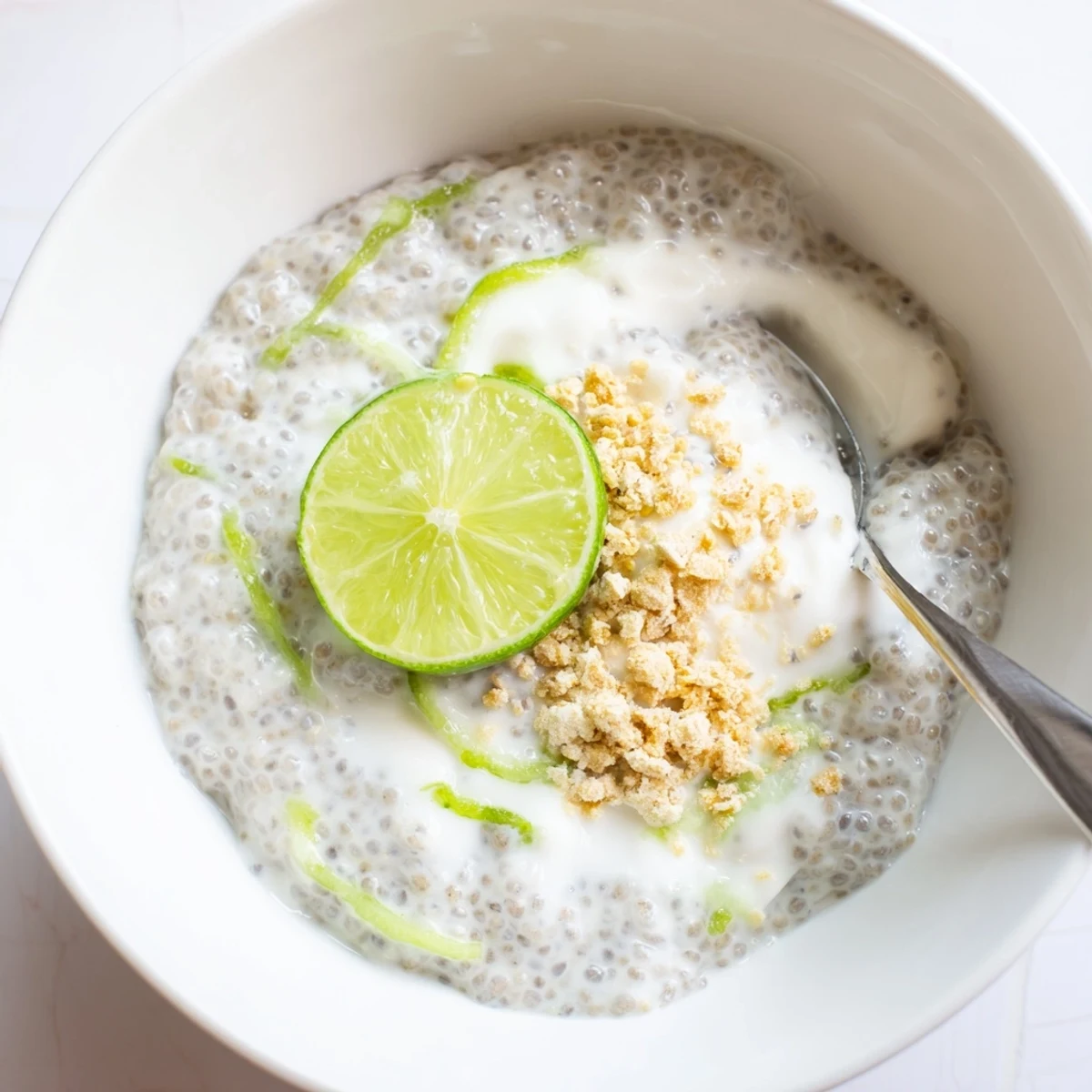 Creamy Key Lime Chia Pudding topped with coconut yogurt and lime zest