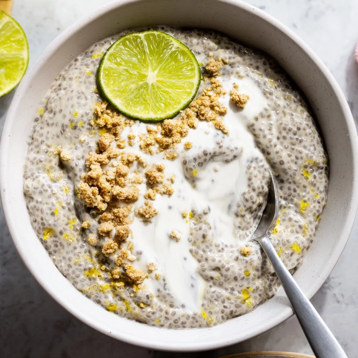 Chilled Key Lime Chia Pudding with silky texture, bright citrus and crunch