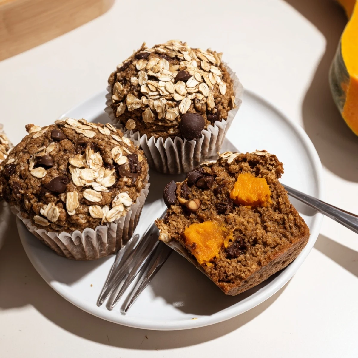 Golden Butternut Squash Banana Muffins studded with walnuts, cozy breakfast plate  