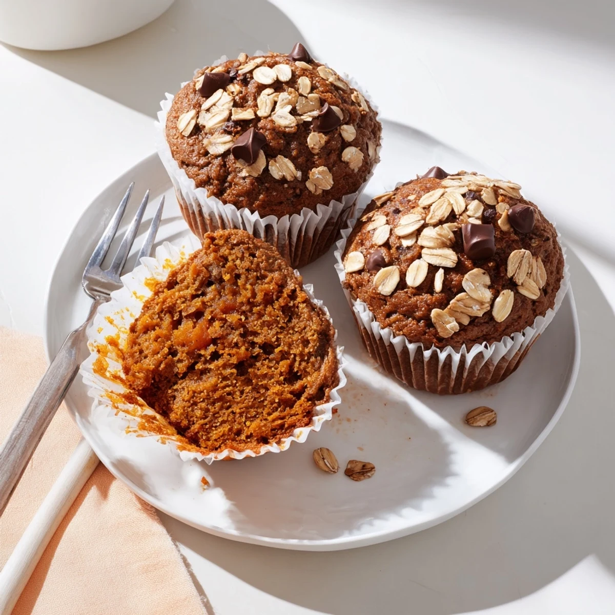 Moist Butternut Squash Banana Muffins split open, reveal tender banana-speckled crumb