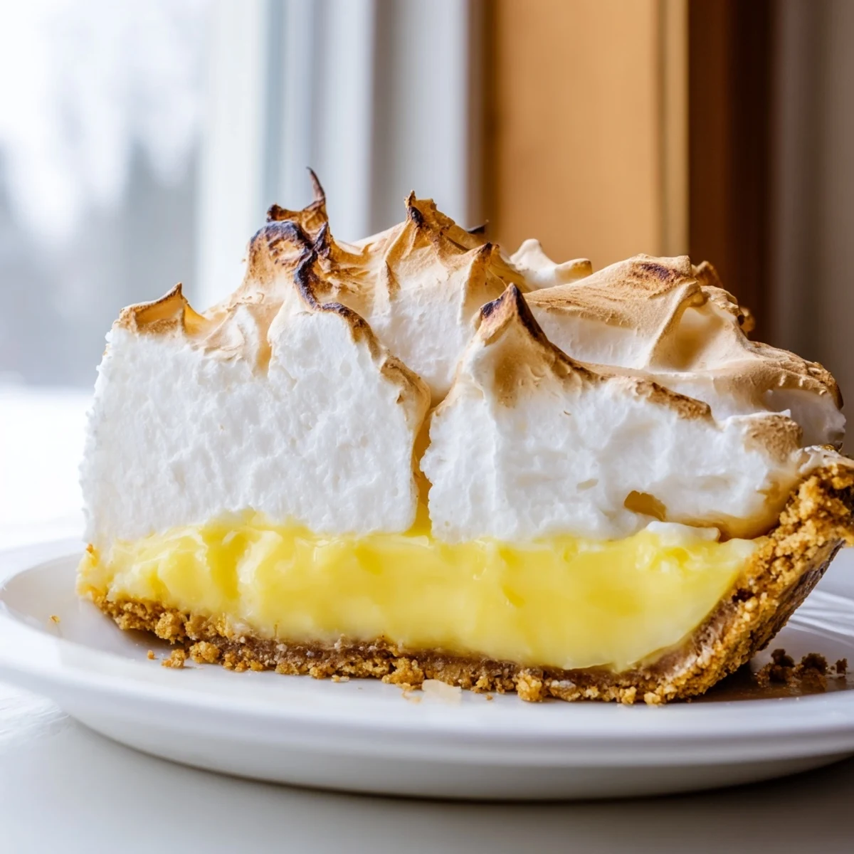 Creamy real lemon pie recipe sliced and served on a rustic white plate