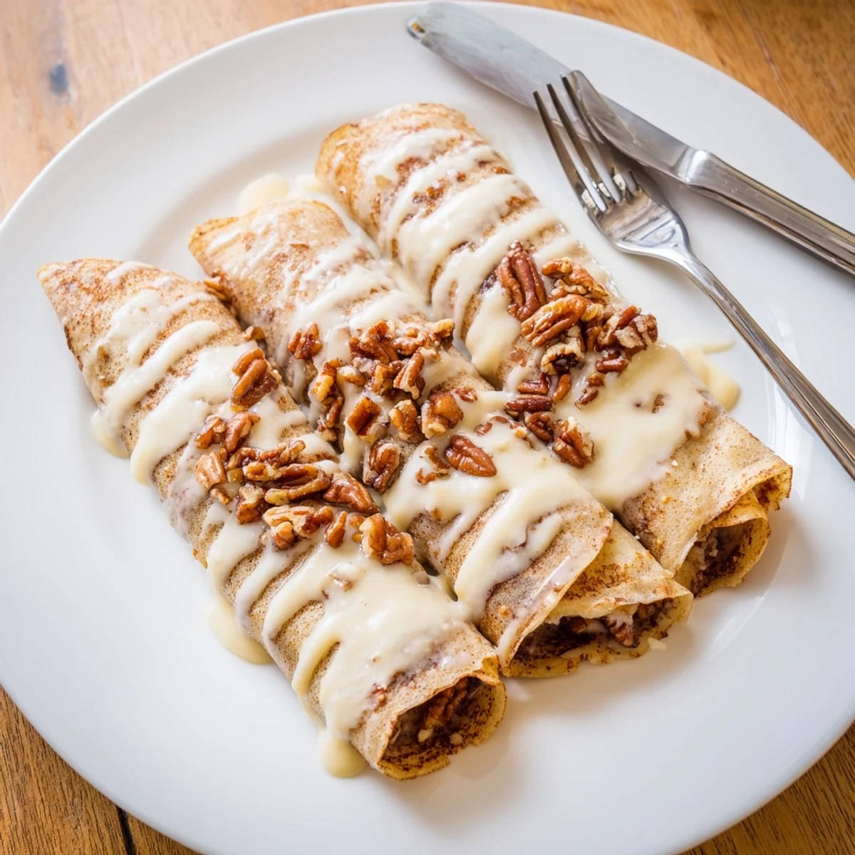 Golden cinnamon roll protein crepes drizzled with sweet vanilla glaze on a warm plate