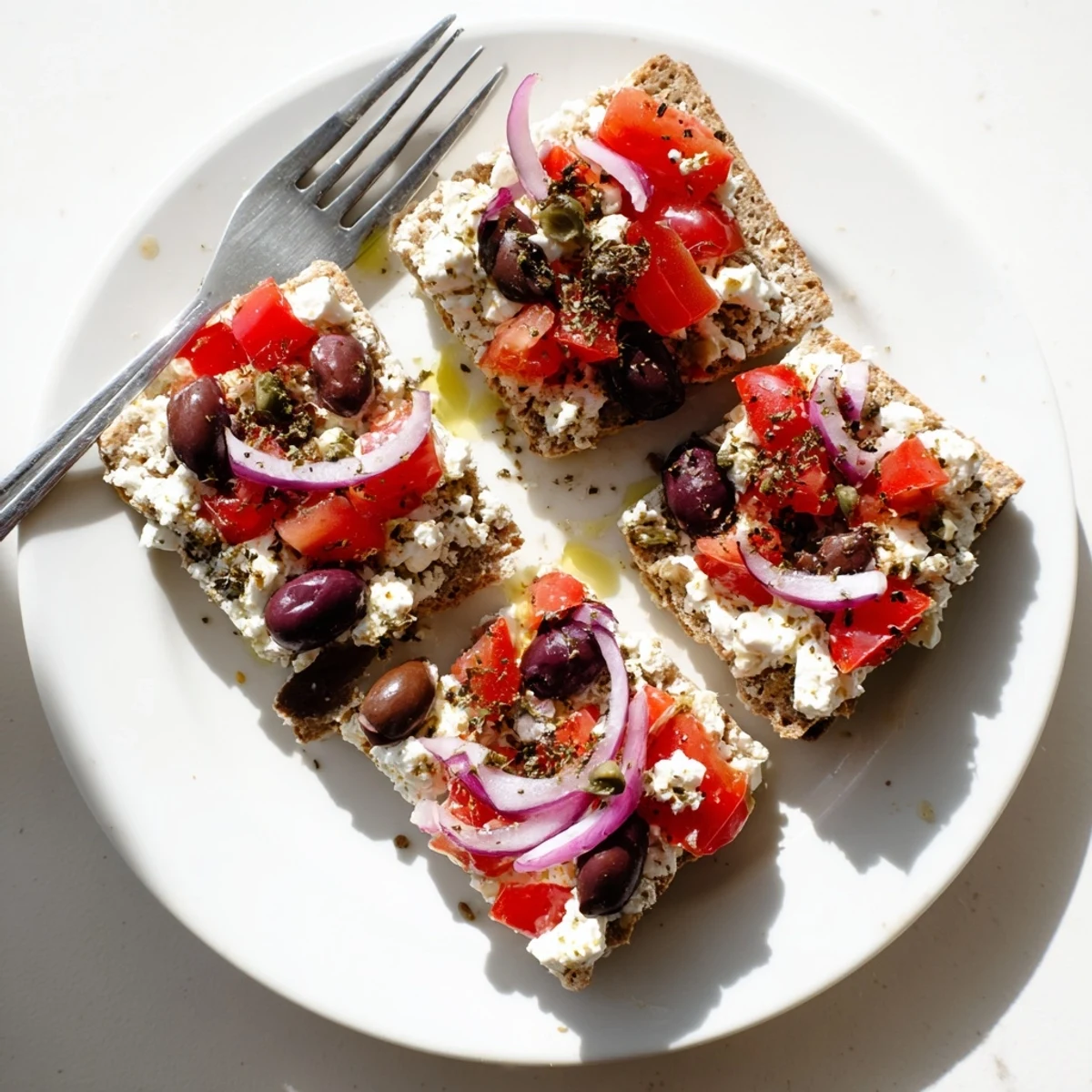 Golden crispy Cretan feta rusks topped with juicy tomatoes, olives, and crumbled feta cheese.