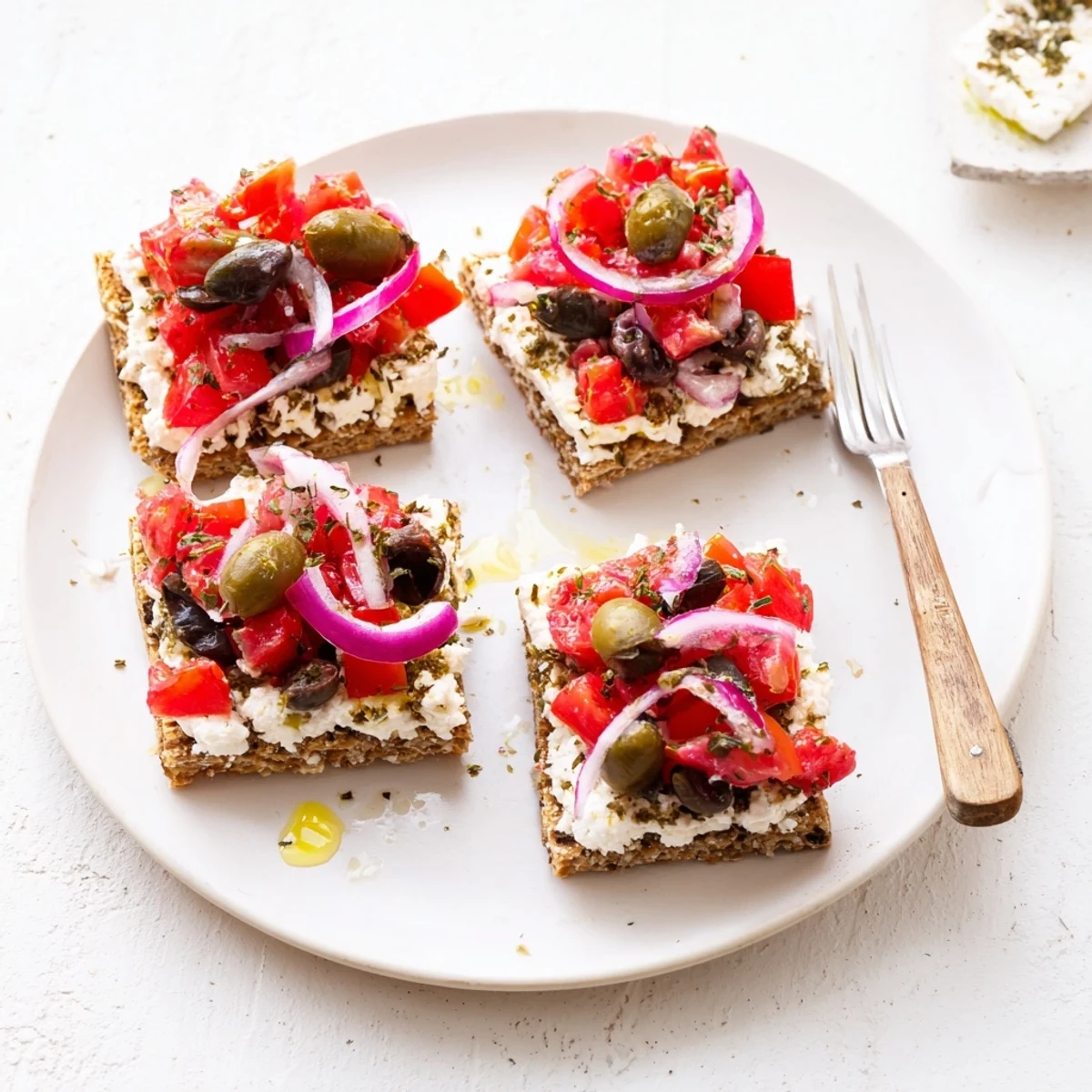 Crunchy Cretan feta rusks drizzled with olive oil and garnished with fresh oregano and capers.