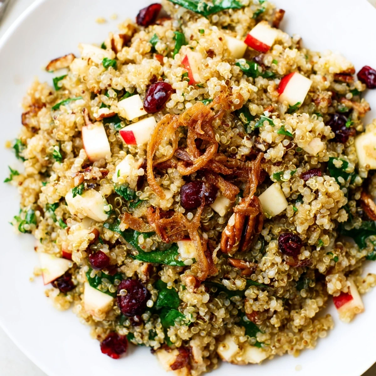 Tangy honey mustard dressing coats fluffy quinoa crisp apples and crunchy fried shallots
