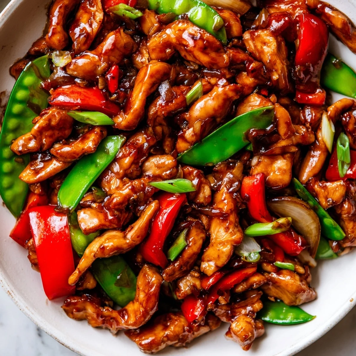 Sizzling Stir Fried Chinese Garlic Chicken with glossy sauce and crisp colorful vegetables