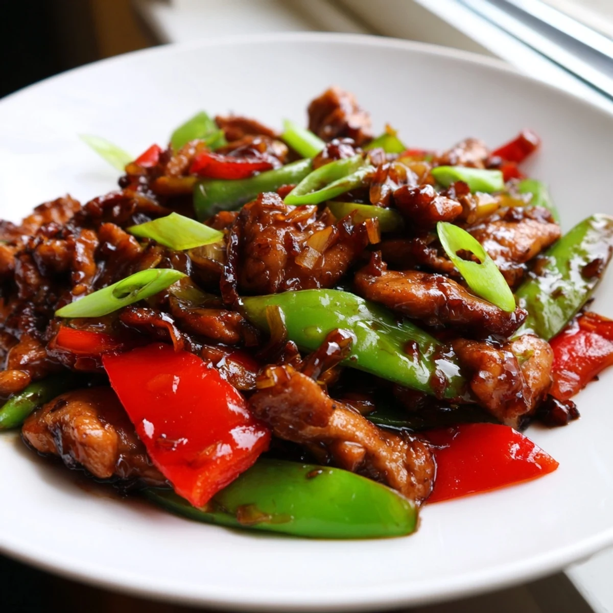 Tender Stir Fried Chinese Garlic Chicken tossed with bell peppers and snow peas