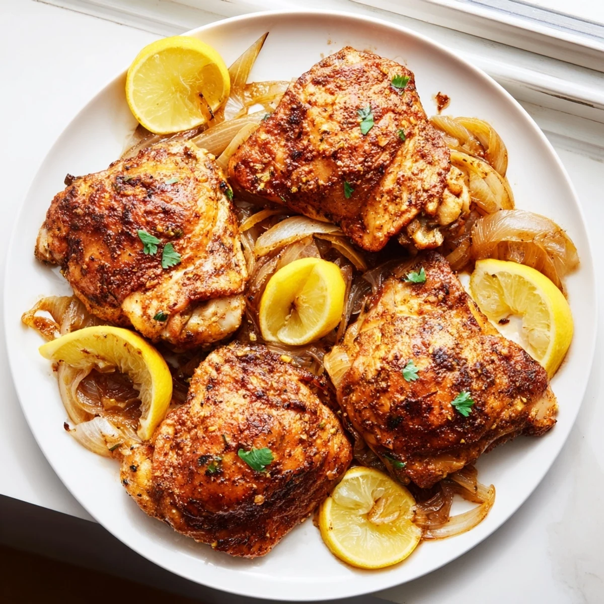 Golden ginger garlic chicken thigh bake with crispy skin and caramelized onion