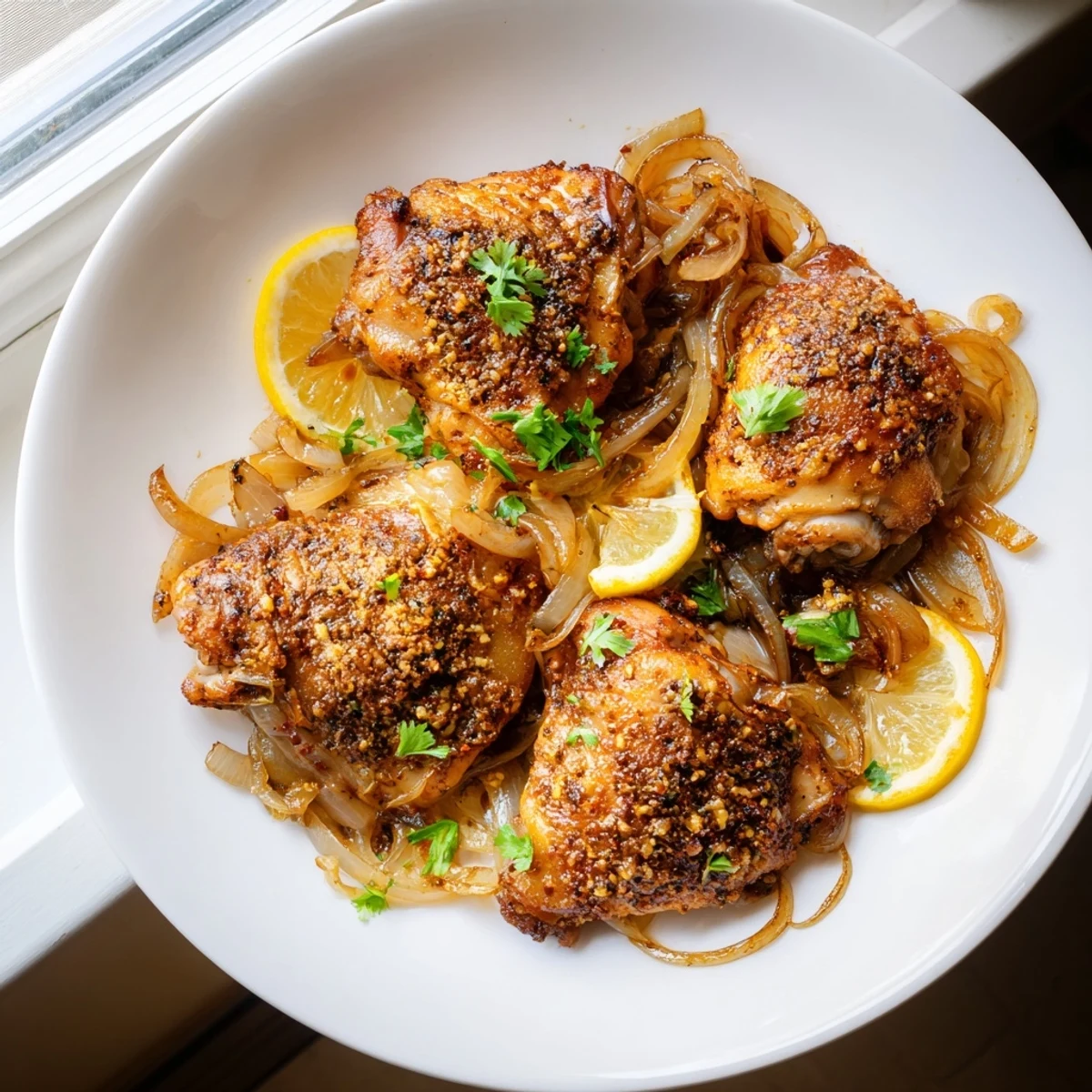 Juicy ginger garlic chicken thigh bake served over steamed rice with fresh cilantro