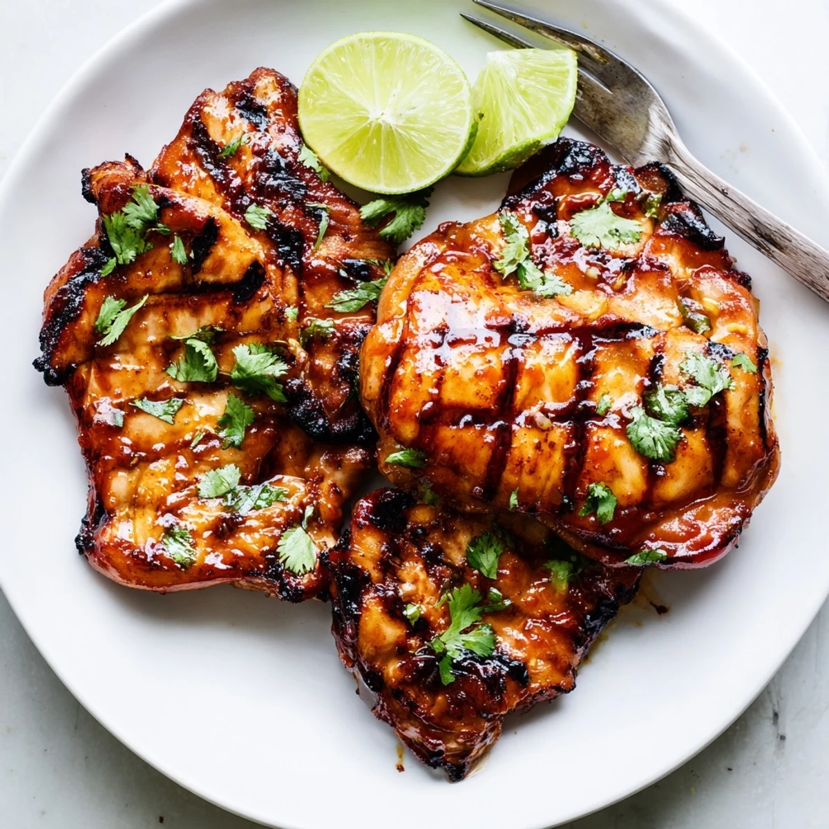 Juicy sweet n spicy grilled chicken thighs glistening with sticky honey glaze on a smoky grill