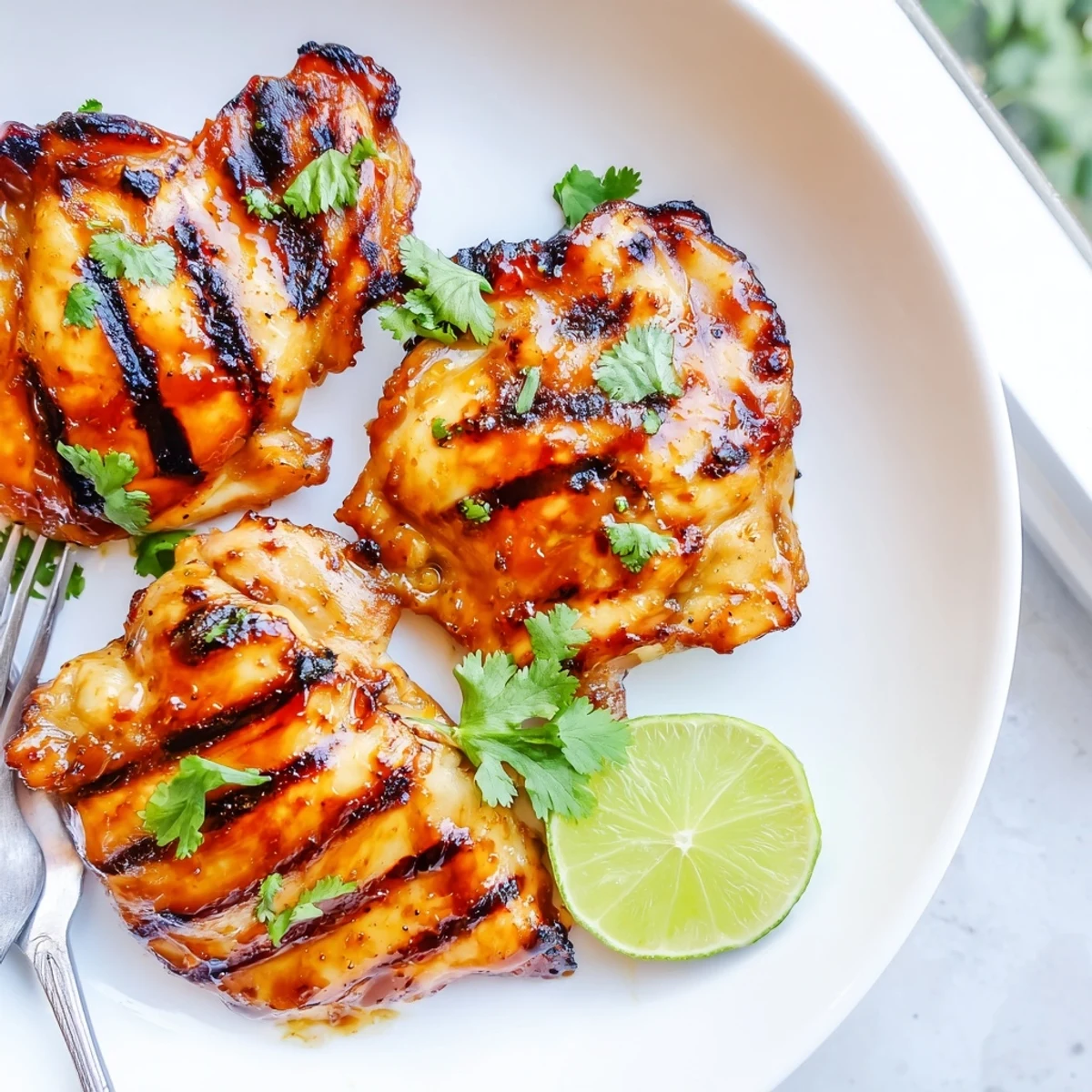 Charred sweet n spicy grilled chicken thighs with cilantro and fresh lime wedges