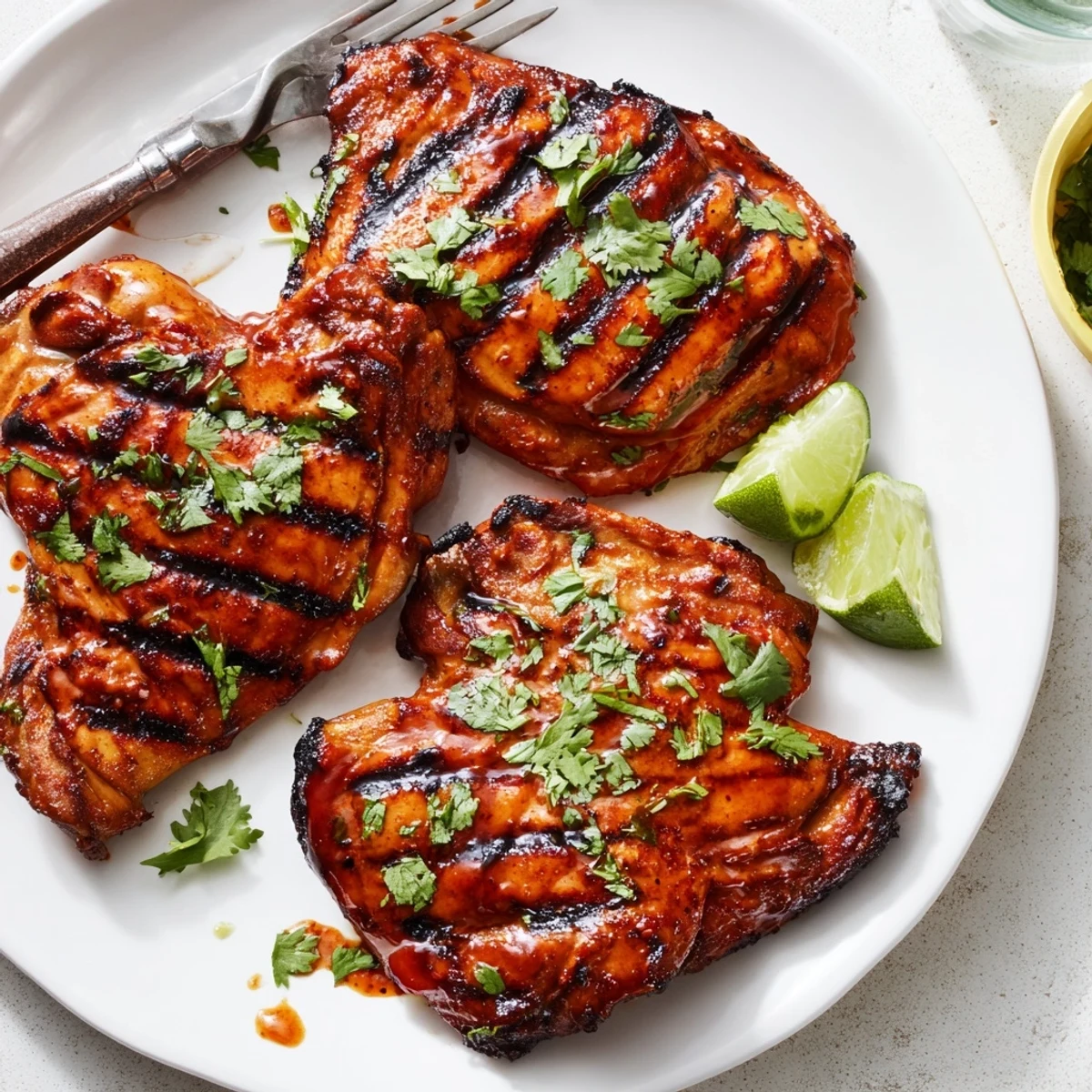 Golden caramelized sweet n spicy grilled chicken thighs plated alongside grilled vegetables for summer dinner
