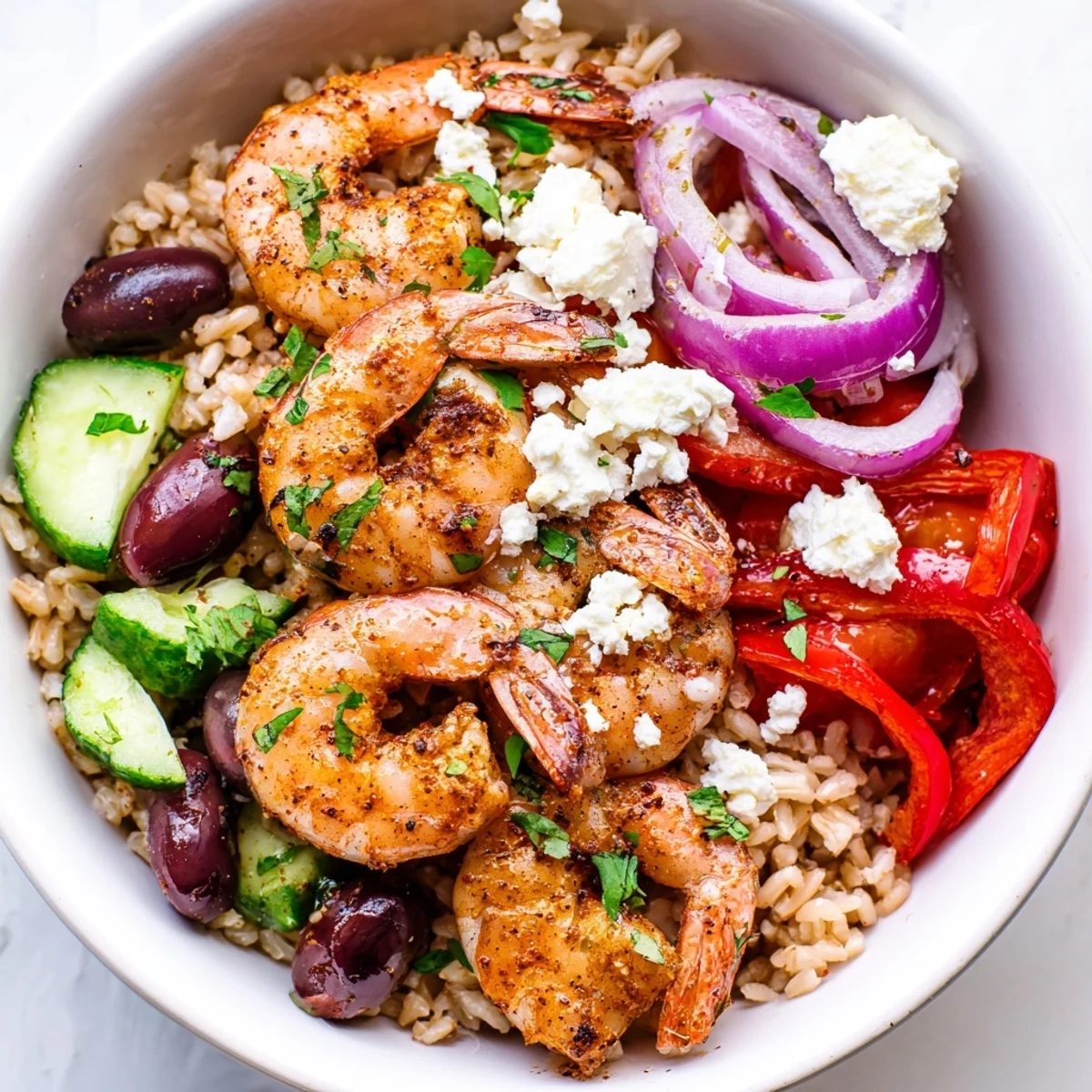Juicy Greek Shrimp Mediterranean Bowl with colorful fresh vegetables and crumbled feta cheese