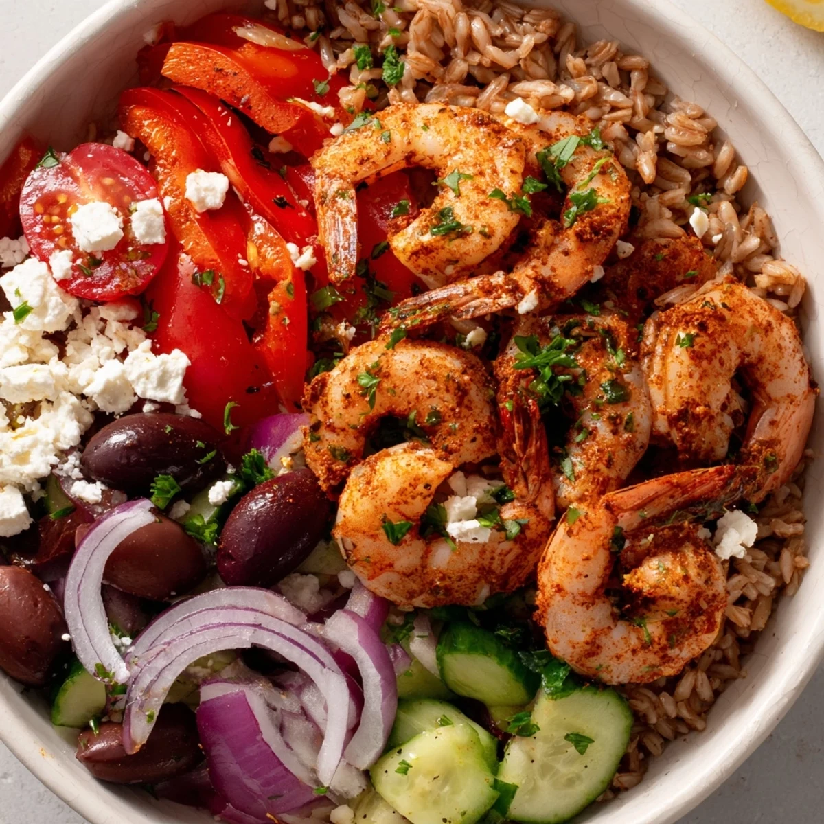 Golden seared shrimp over a Greek Shrimp Mediterranean Bowl with bright lemon herb dressing