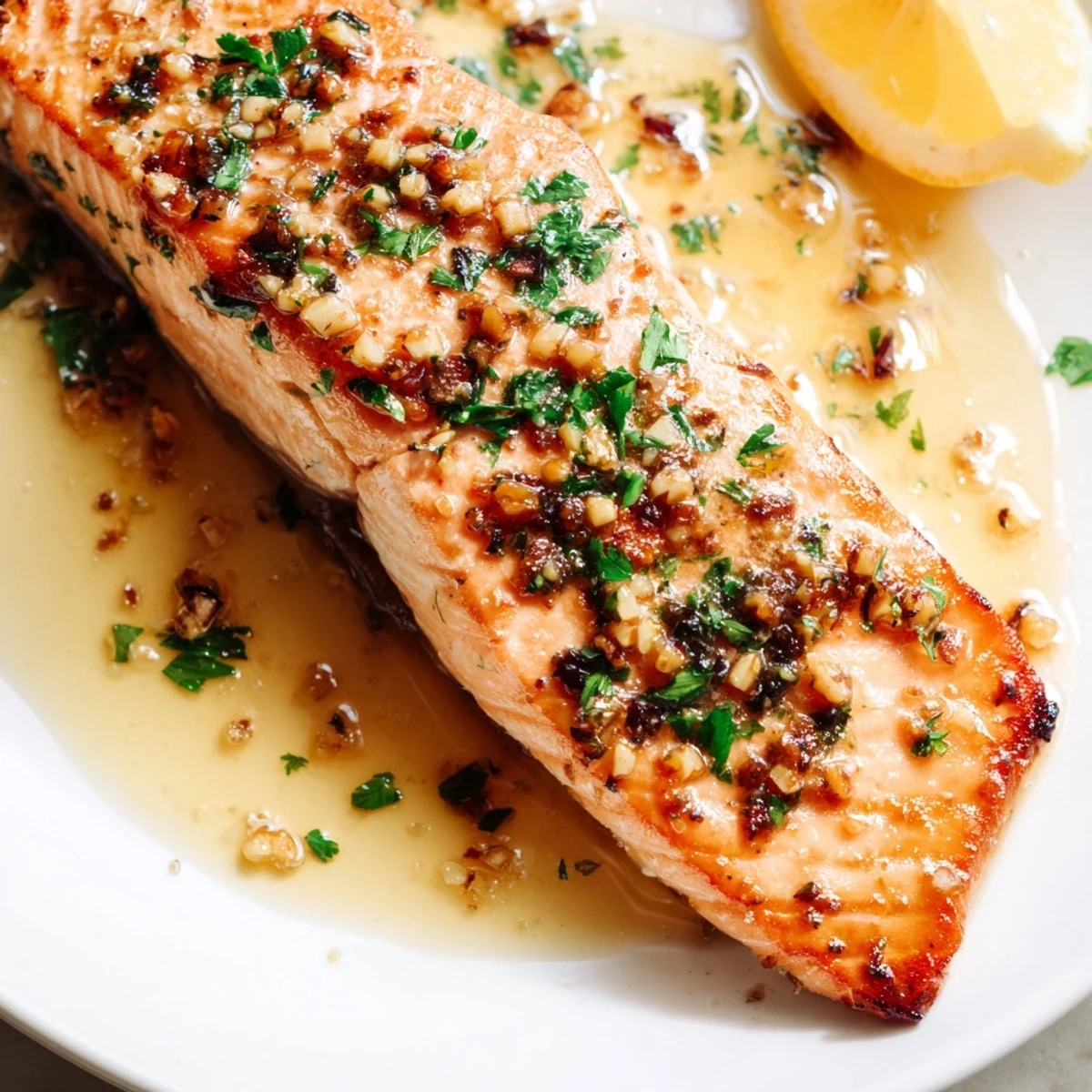 Golden garlic butter salmon fillets glistening with lemon herb sauce on a white plate