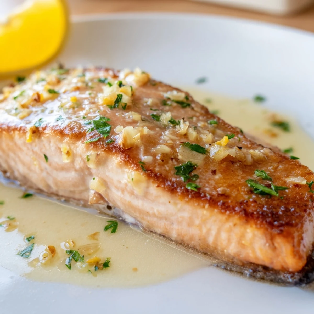 Pan-seared garlic butter salmon topped with fresh parsley and served with lemon wedges