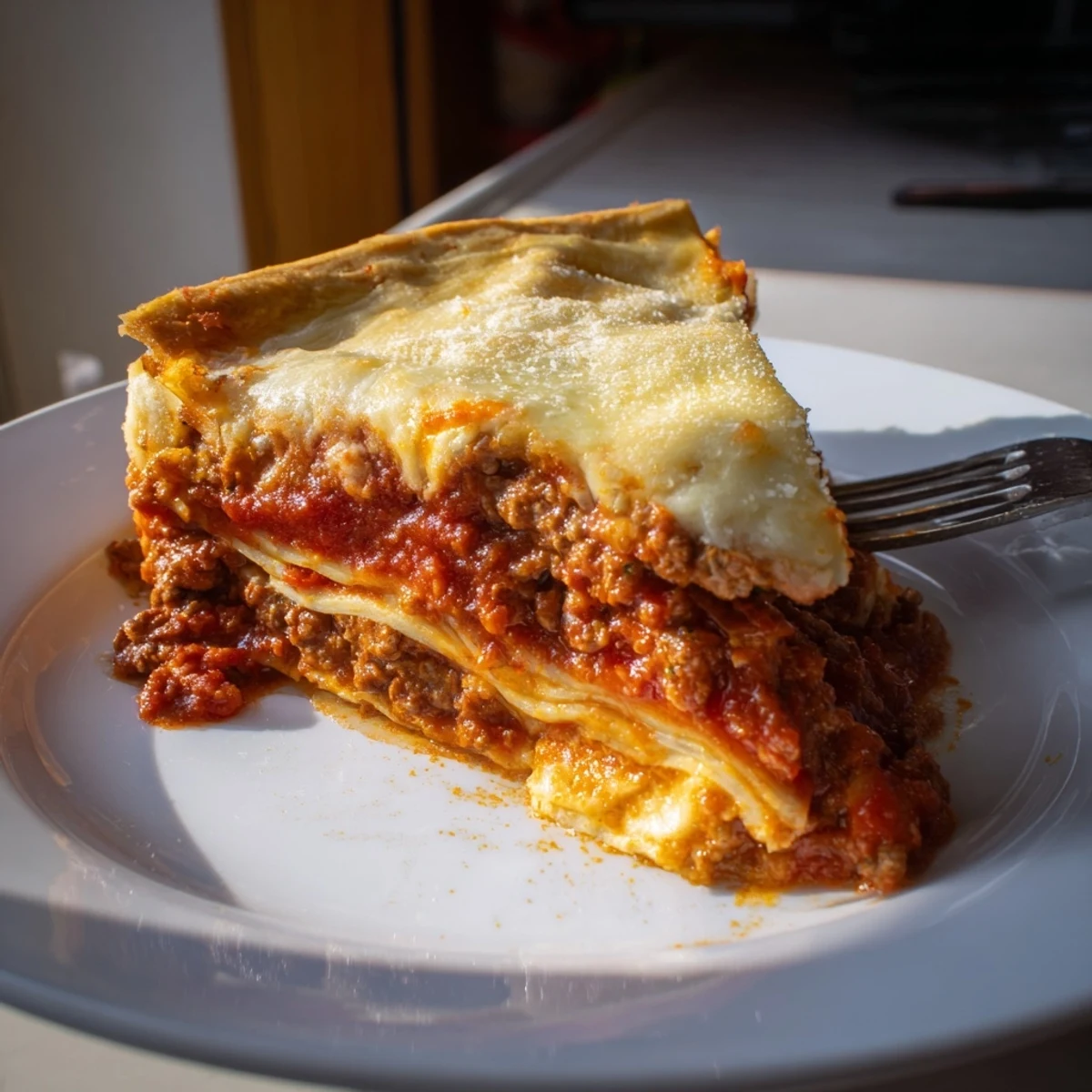 Golden baked cheesy lasagna pie with gooey layers and bubbling mozzarella on top