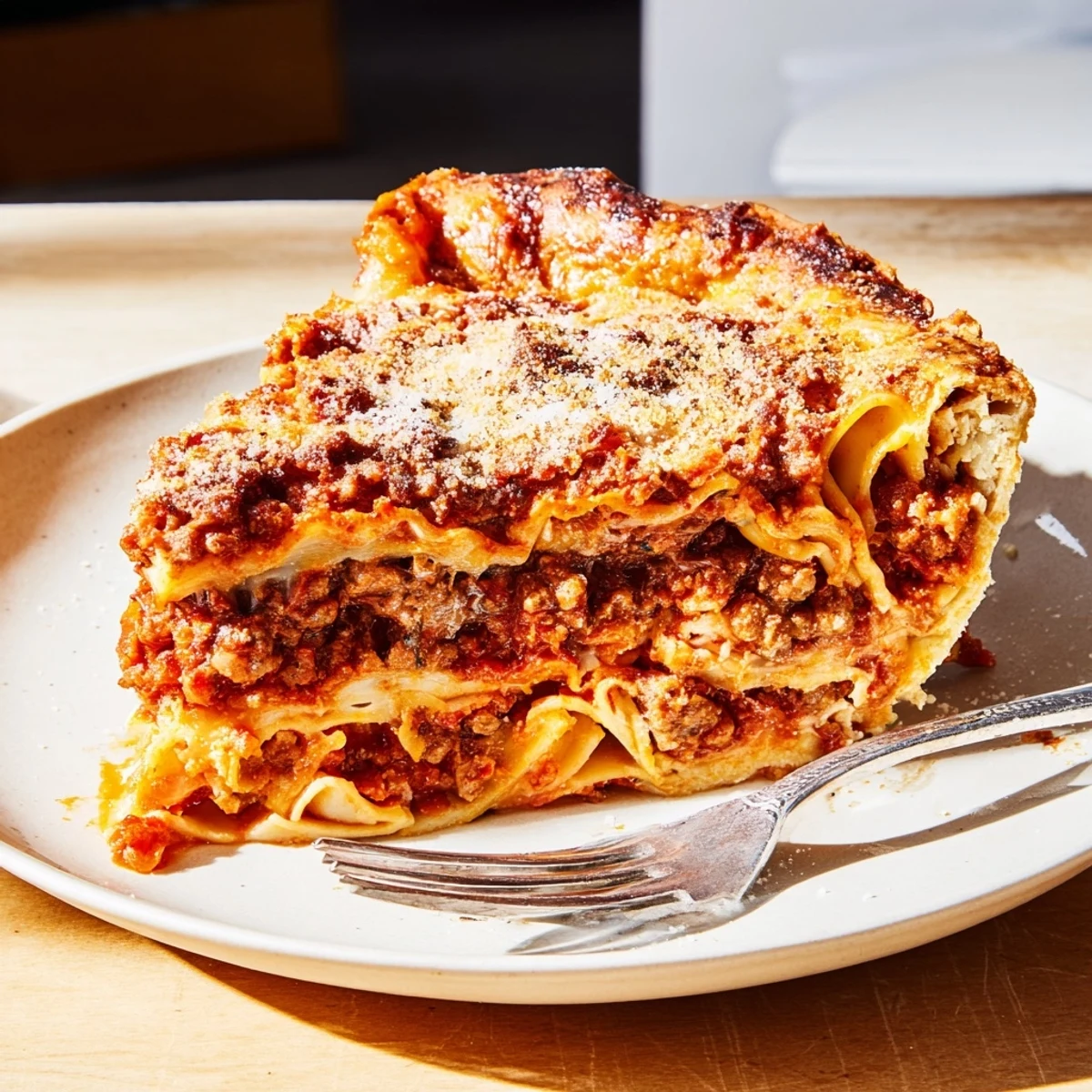 Cheesy lasagna pie sliced open revealing gooey layers of meat sauce and ricotta