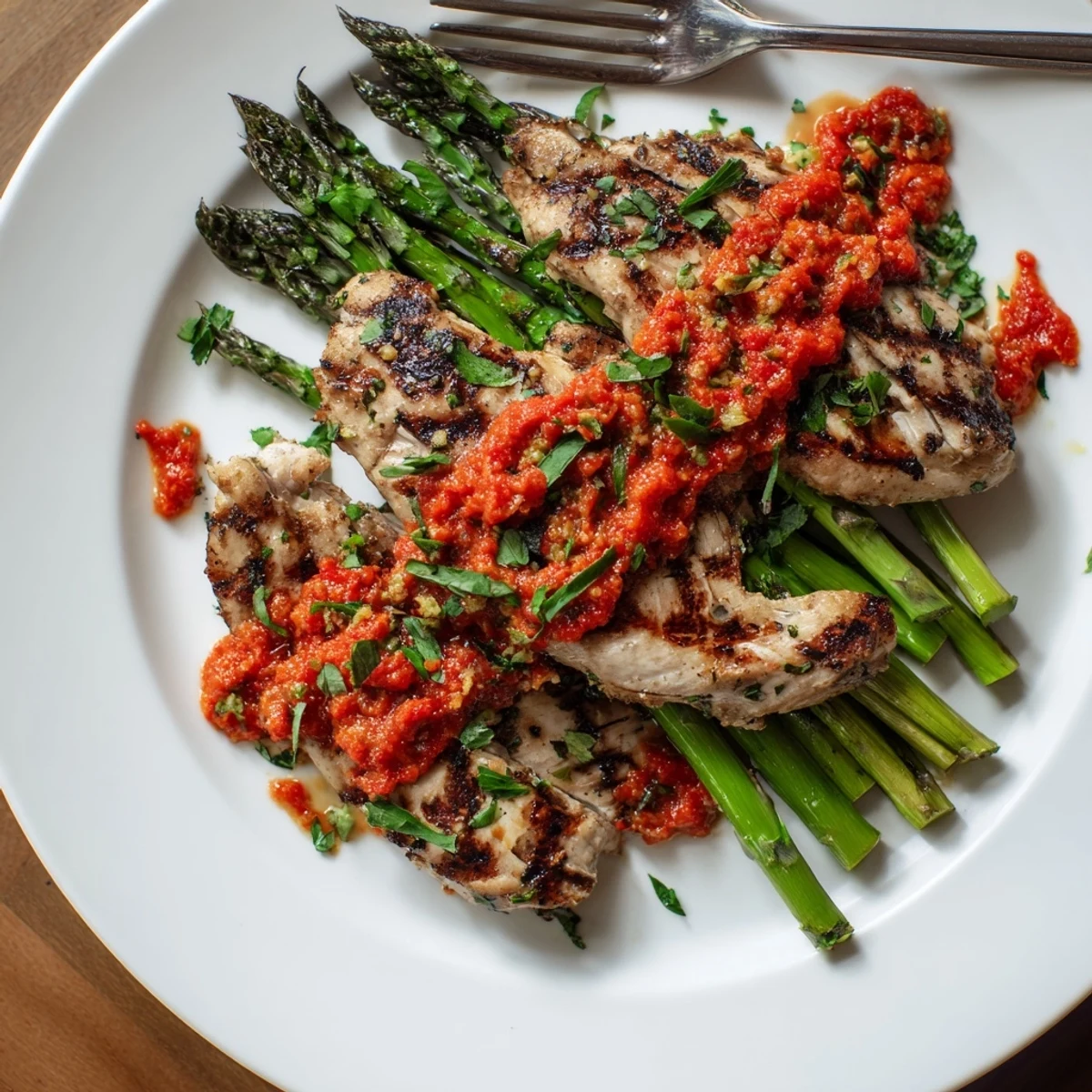 Grilled asparagus chicken drizzled with fiery Calabrian chili sauce on a white plate