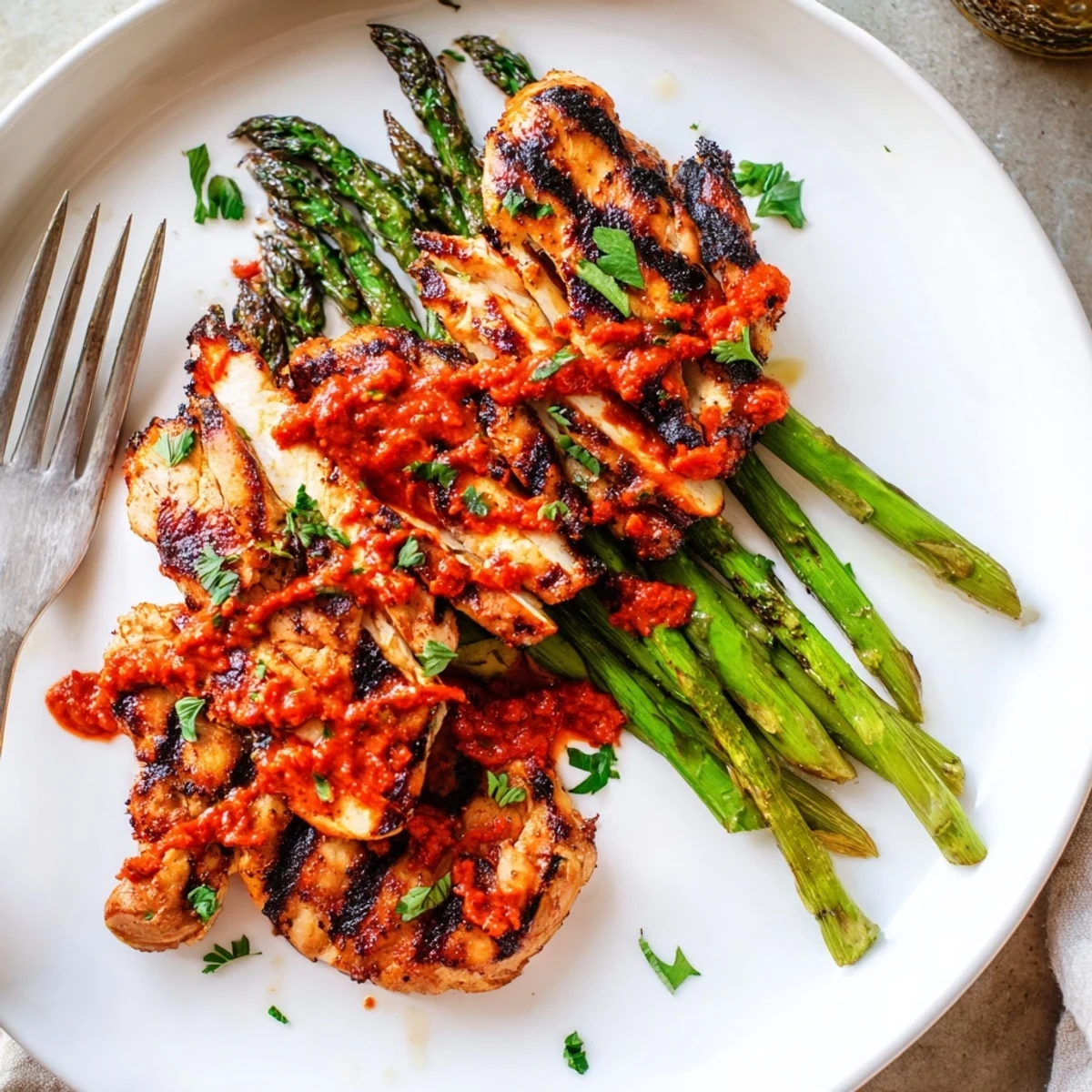 Juicy sliced grilled asparagus chicken topped with vibrant red Calabrian chili sauce and lemon zest
